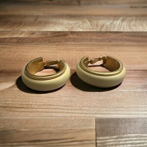 Vintage Avon Beige Clip On Hoop Earrings - Gold Tone